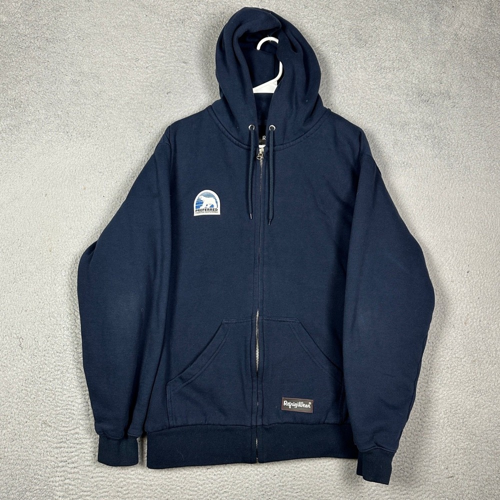 RefrigiWear Jacket Mens Large Navy Blue Hoodie Pocket Long Sleeve Full Zip EUC